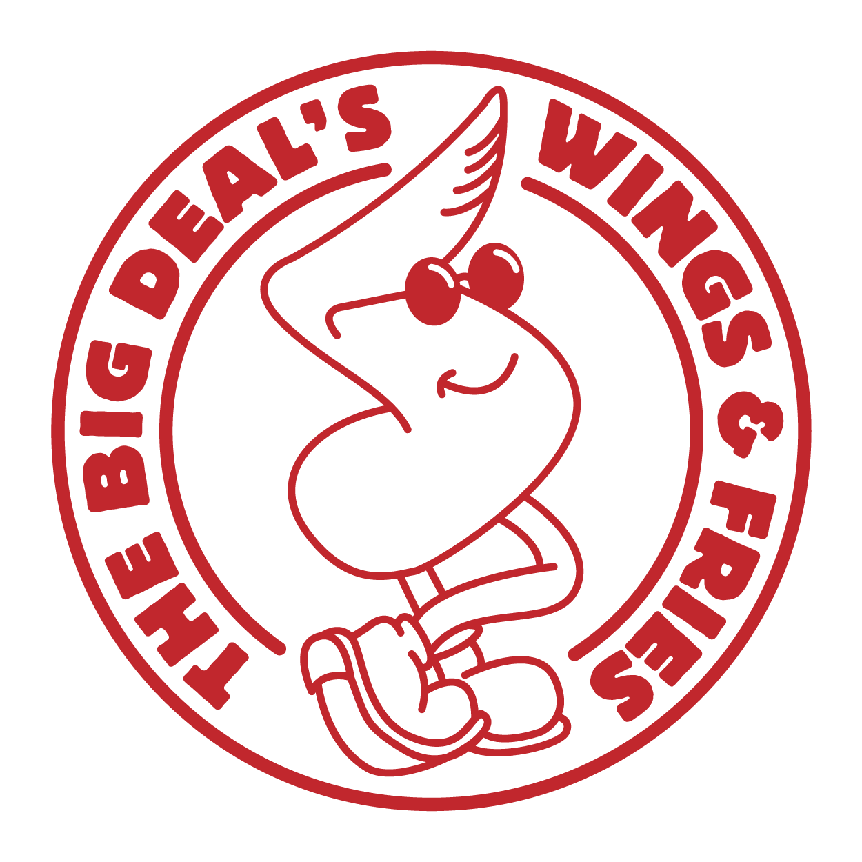 a logo depicting a cartoon chicken wing wearing sunglasses surrounded by a ring of text reading The Big Deal's Wings and Fries
